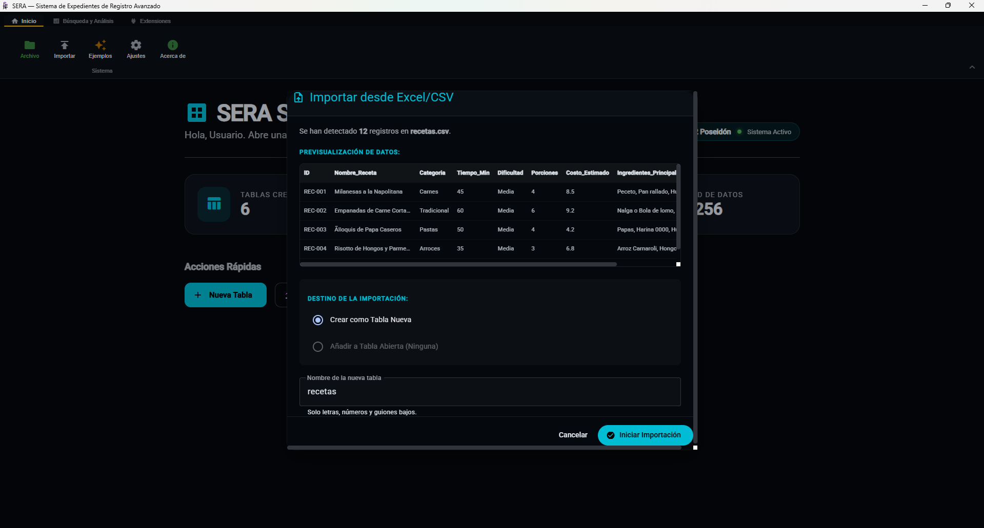 Asistente de configuración y mapeo para importación de Excel o CSV en SERA