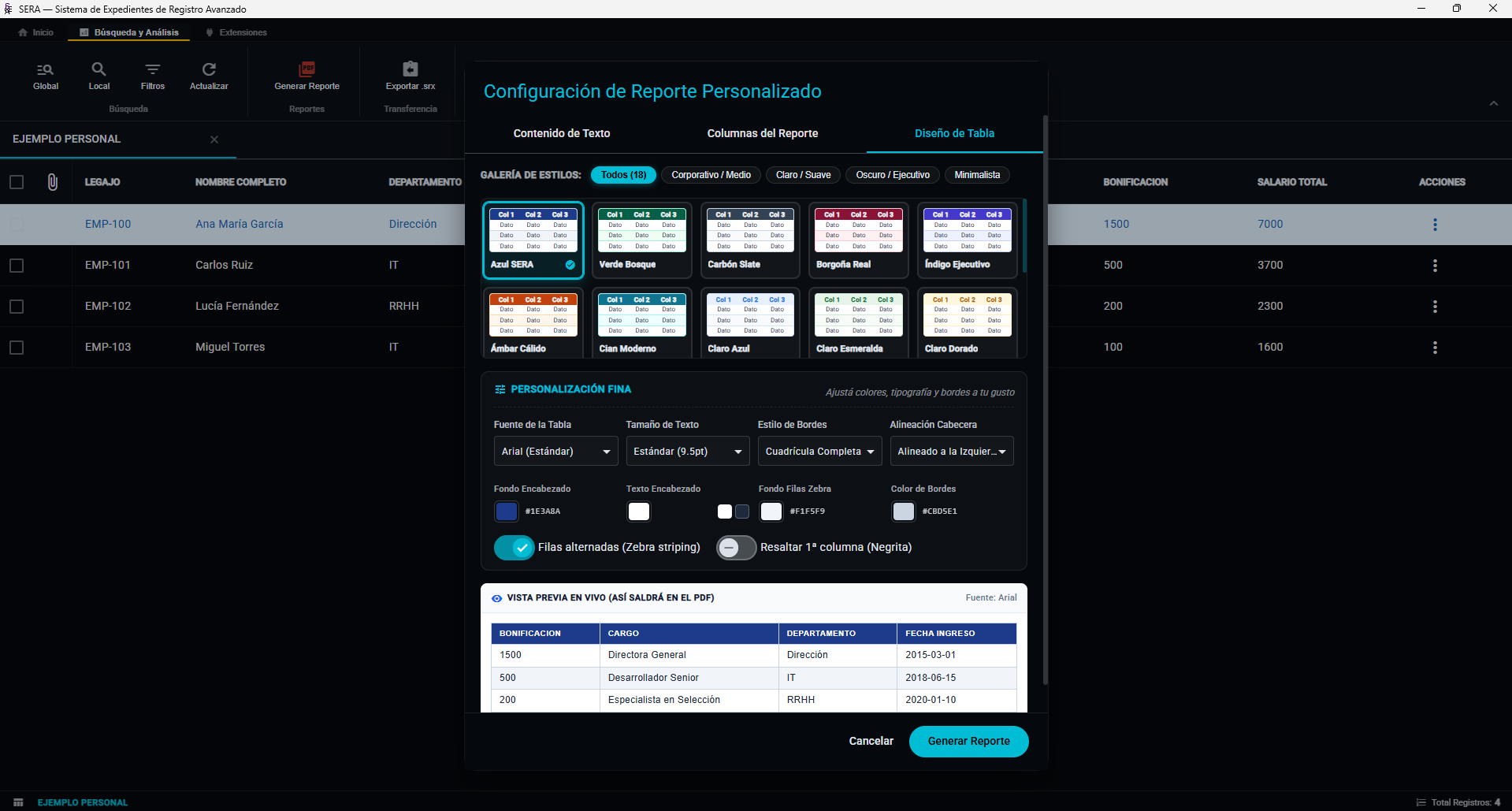 Diseñador de Tablas PDF en SERA