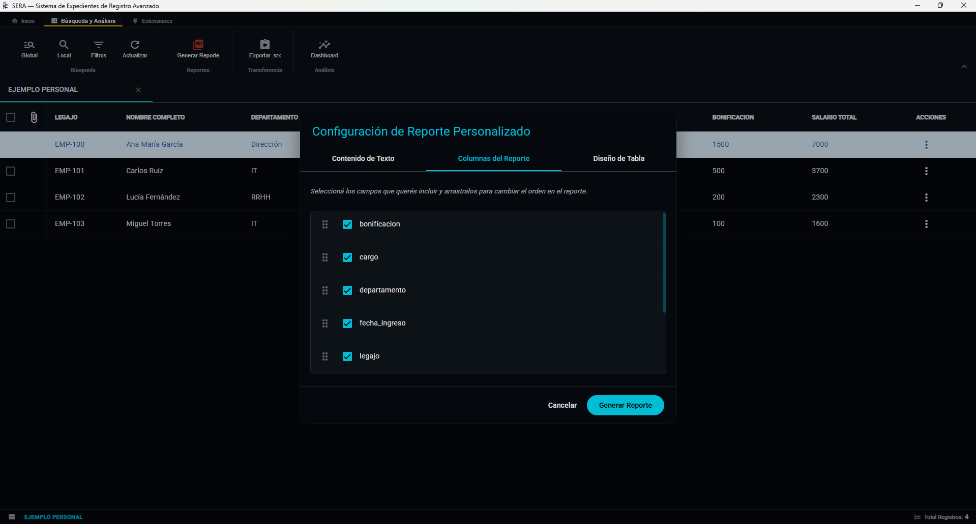 Selector y reordenamiento de columnas para el reporte PDF