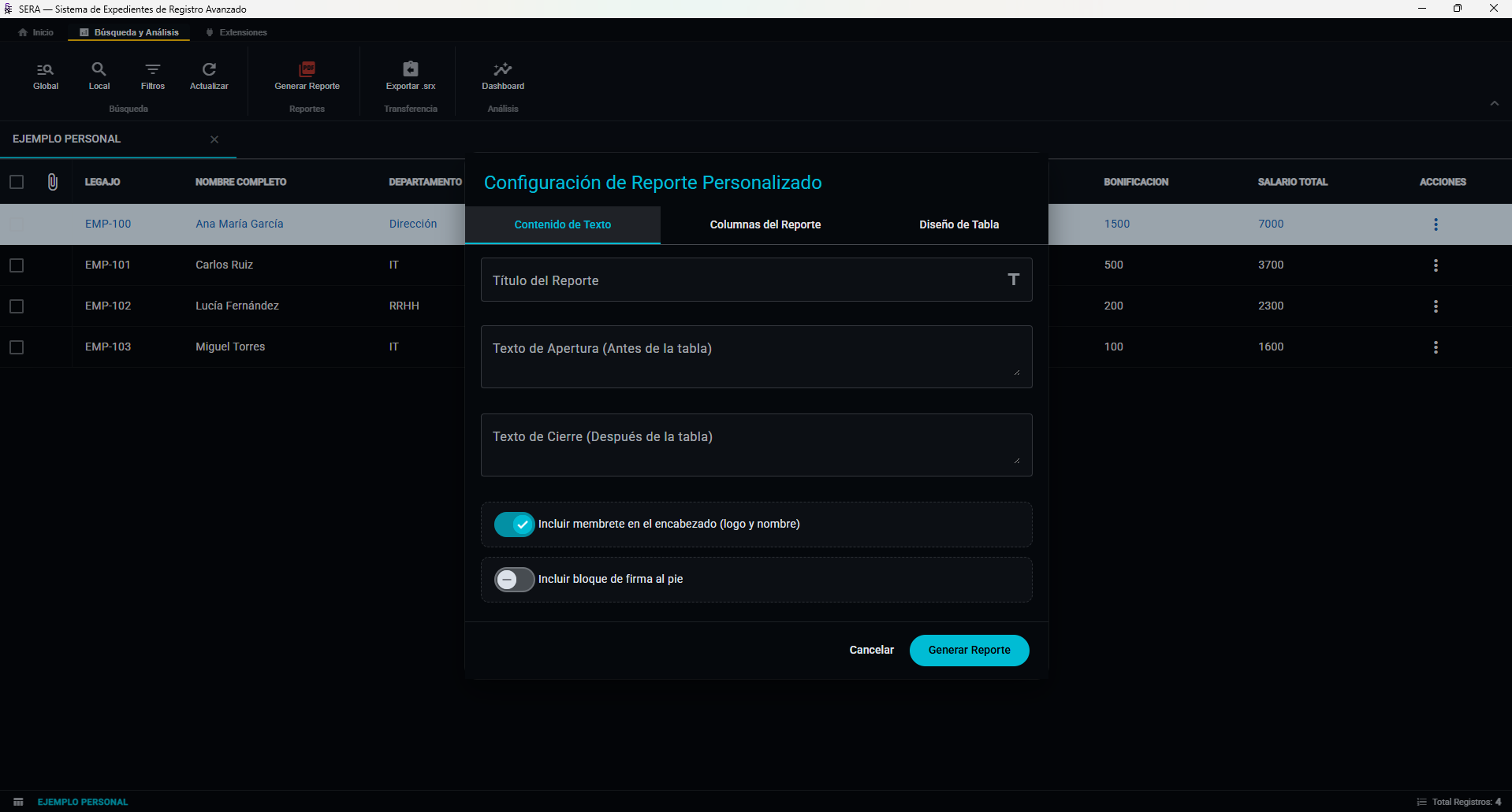 Configuración general del reporte PDF